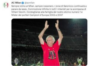 Milan in lutto, è morto l’ex portiere Villiam Vecchi