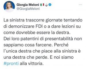 Elezioni – Meloni: “Di patentini di presentabilità della sinistra non sappiamo che farcene”