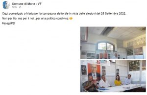 Propaganda elettorale di sinistra sulla pagina facebook del Comune di Marta: la Pravda nostrana arriva nella Tuscia