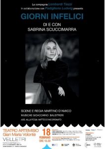 Teatro, domani Sabrina Scuccimarra va in scena all’Artemisio di Velletri con “Giorni infelici”